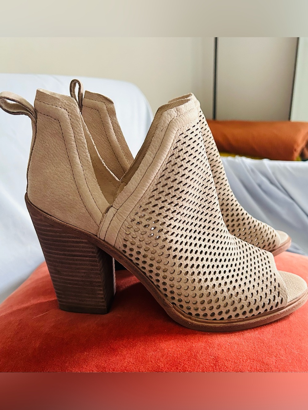 Vince Camuto Kensa Perforated Peep Toe Booties Tan Leather Suede